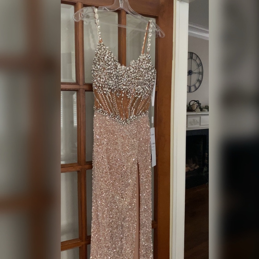 Sparkly luxury crystal rhinestone silver & nude prom dress pageant  evening gown - Picture 5 of 7